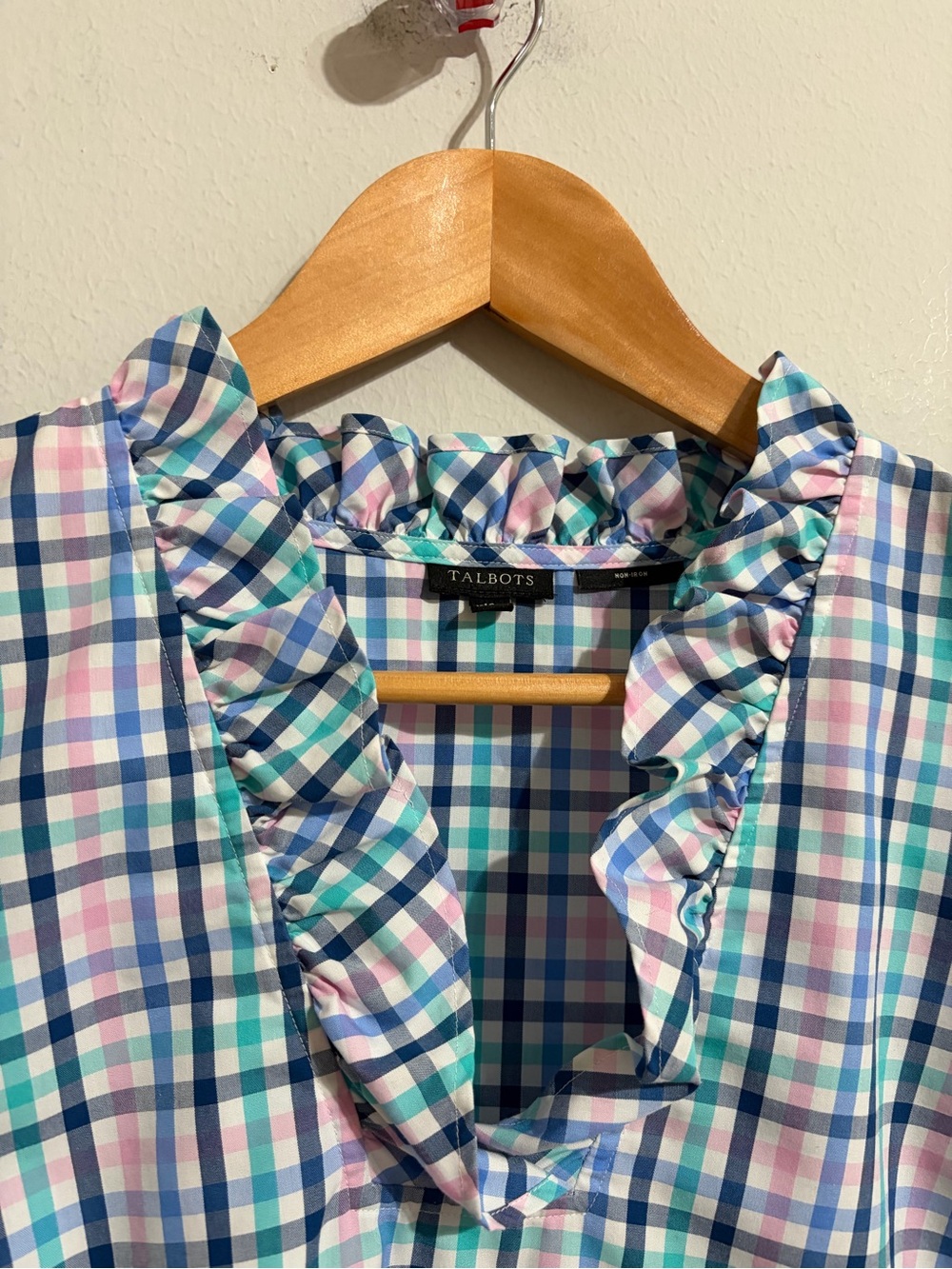 Talbots Blue Pink Plaid Ruffled Collar Tunic Gingham Popover Preppy Size 16 - Picture 7 of 8